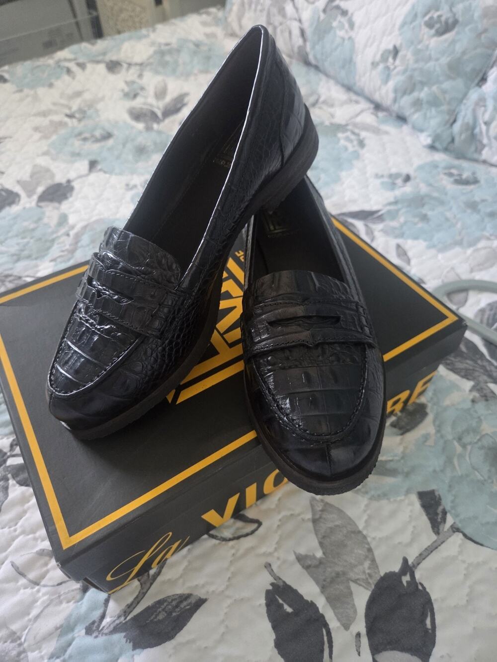 Pour La Victoire Black Croc Embossed Leather Penny Loafers, Size 37.5
